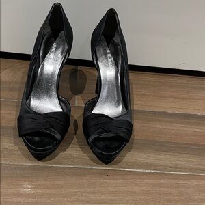 Nine West Black Satin Peep-Toe Platform Heels